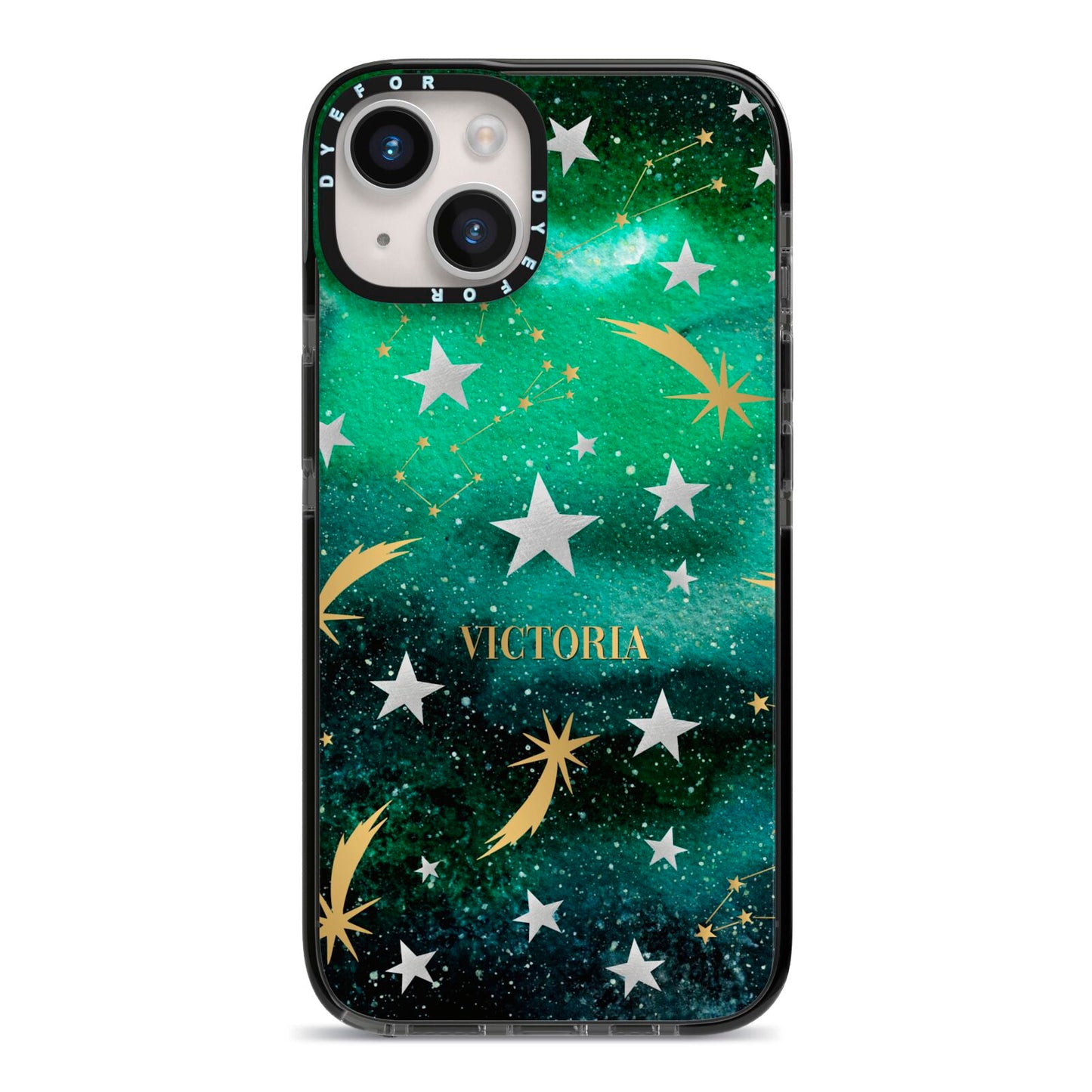 Personalised Green Cloud Stars iPhone 14 Black Impact Case on Silver phone