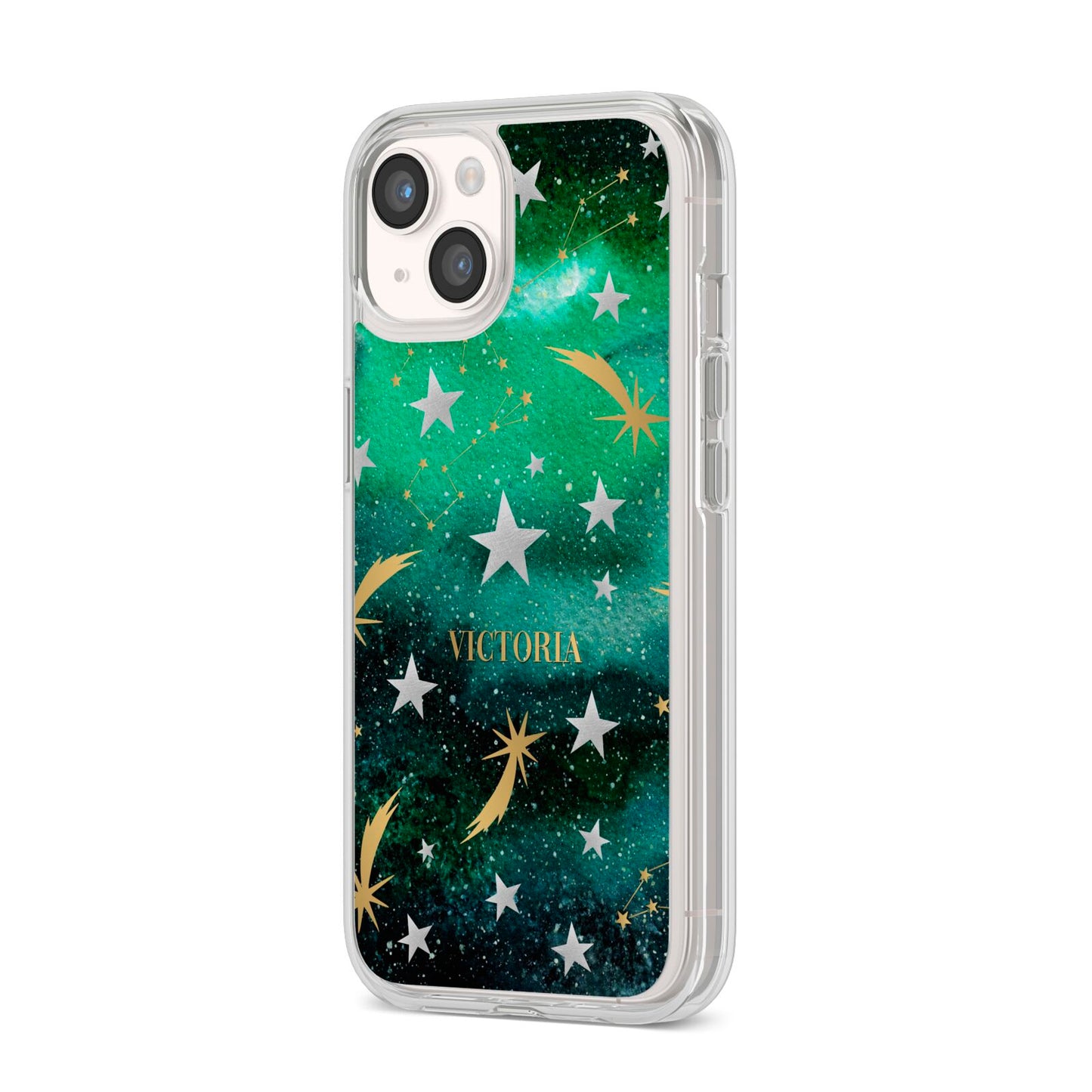 Personalised Green Cloud Stars iPhone 14 Clear Tough Case Starlight Angled Image