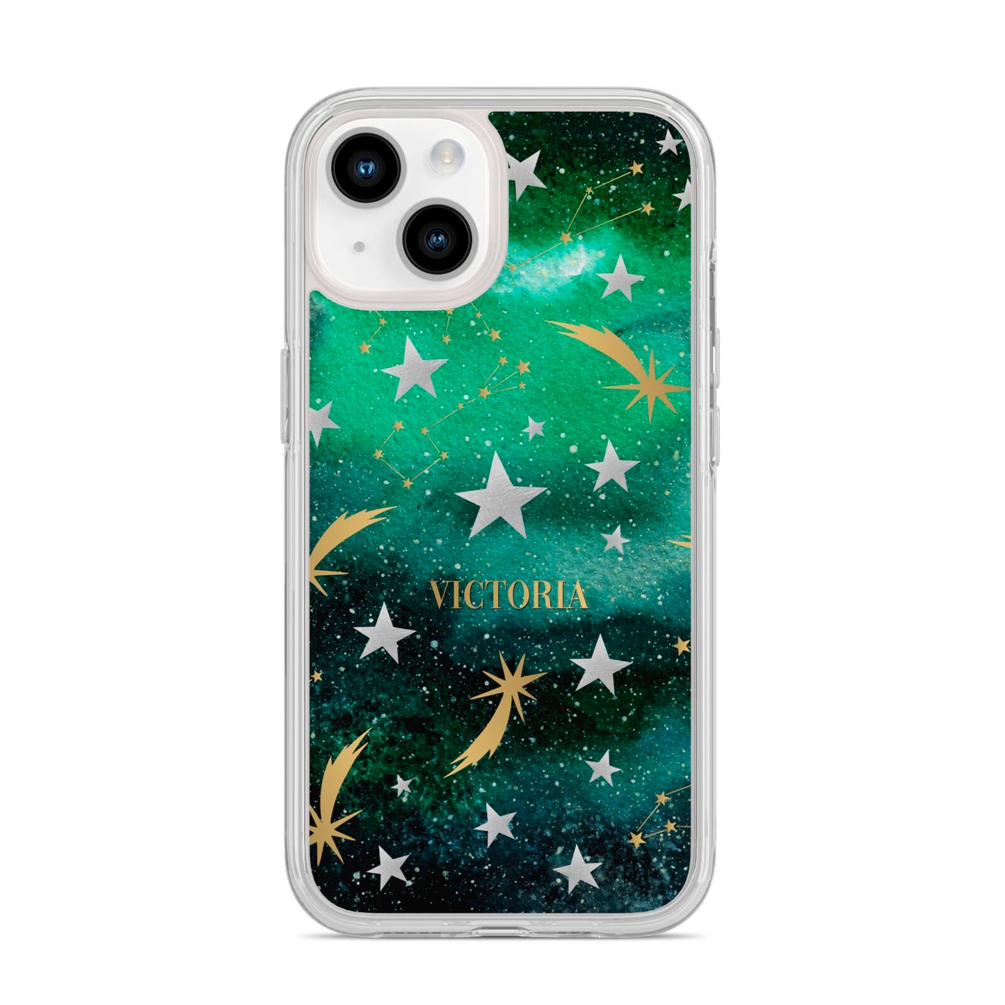 Personalised Green Cloud Stars iPhone 14 Clear Tough Case Starlight