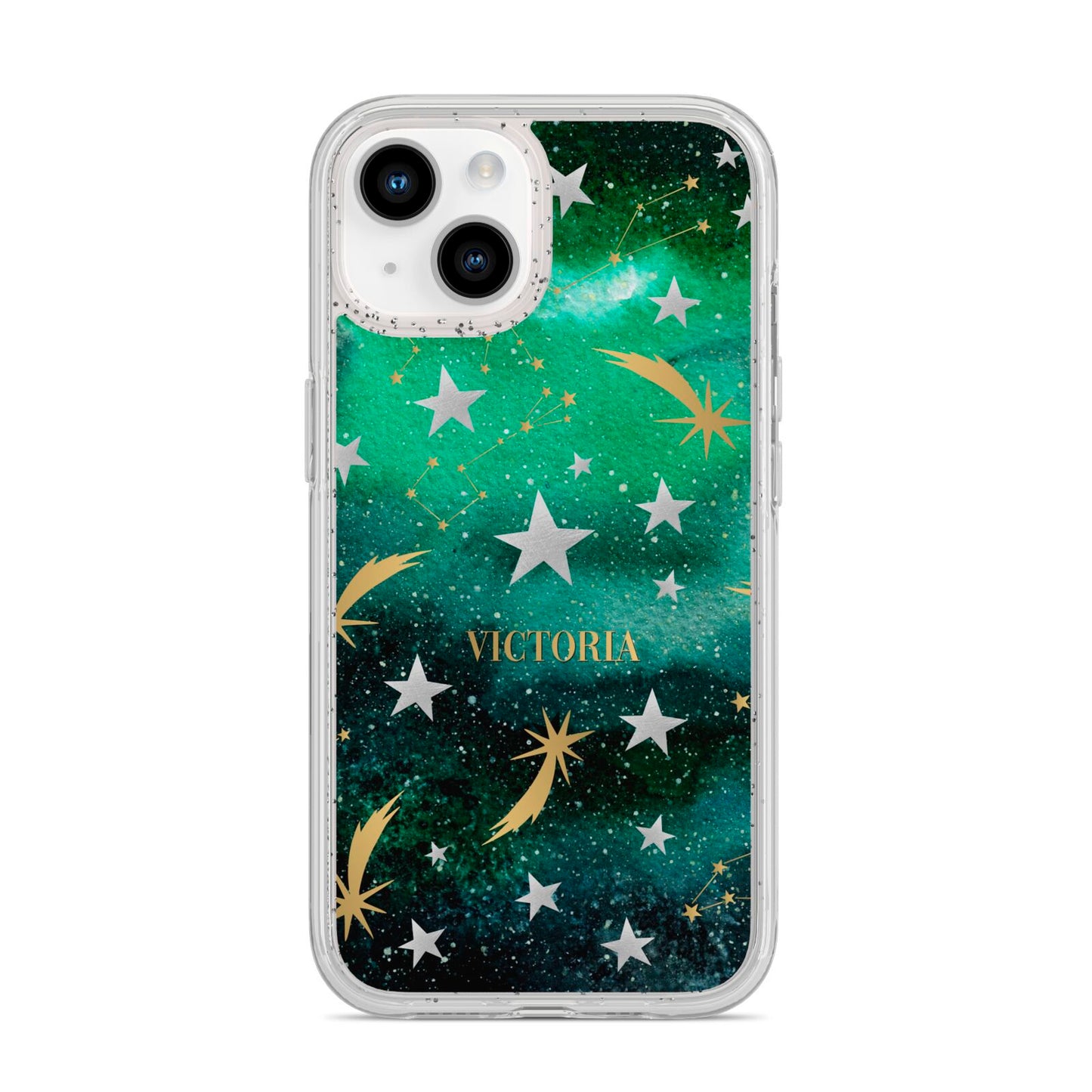 Personalised Green Cloud Stars iPhone 14 Glitter Tough Case Starlight