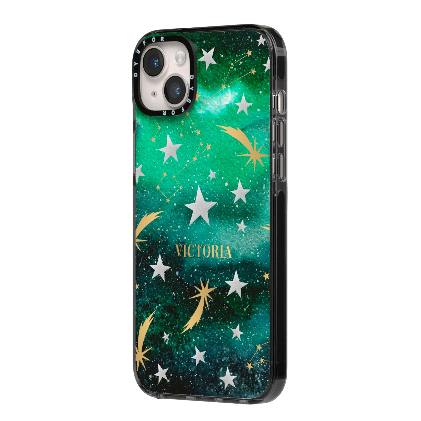 Personalised Green Cloud Stars iPhone 14 Plus Black Impact Case Side Angle on Silver phone