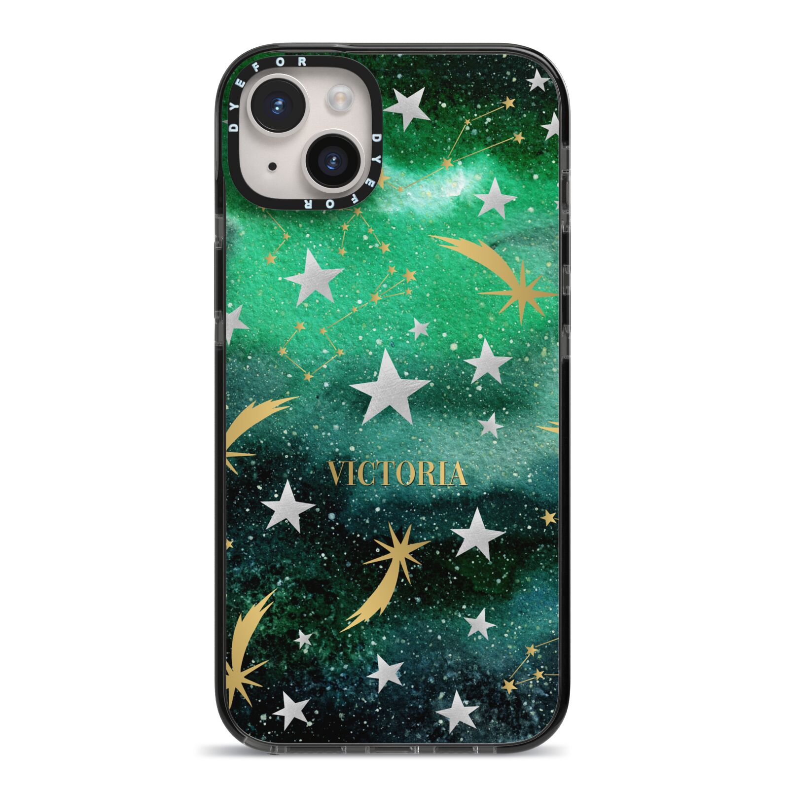 Personalised Green Cloud Stars iPhone 14 Plus Black Impact Case on Silver phone