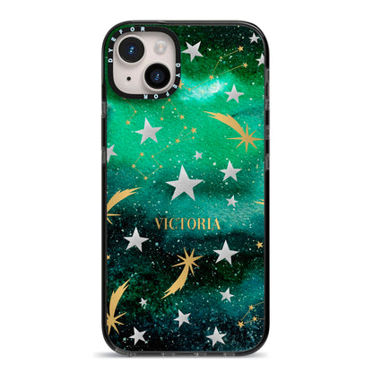 Personalised Green Cloud Stars iPhone 14 Plus Black Impact Case on Silver phone