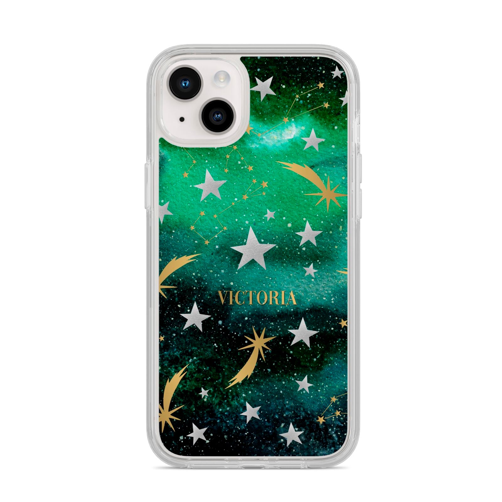 Personalised Green Cloud Stars iPhone 14 Plus Clear Tough Case Starlight