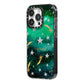 Personalised Green Cloud Stars iPhone 14 Pro Black Impact Case Side Angle on Silver phone