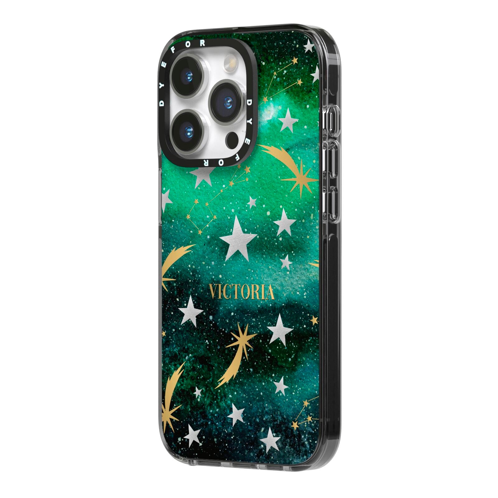 Personalised Green Cloud Stars iPhone 14 Pro Black Impact Case Side Angle on Silver phone