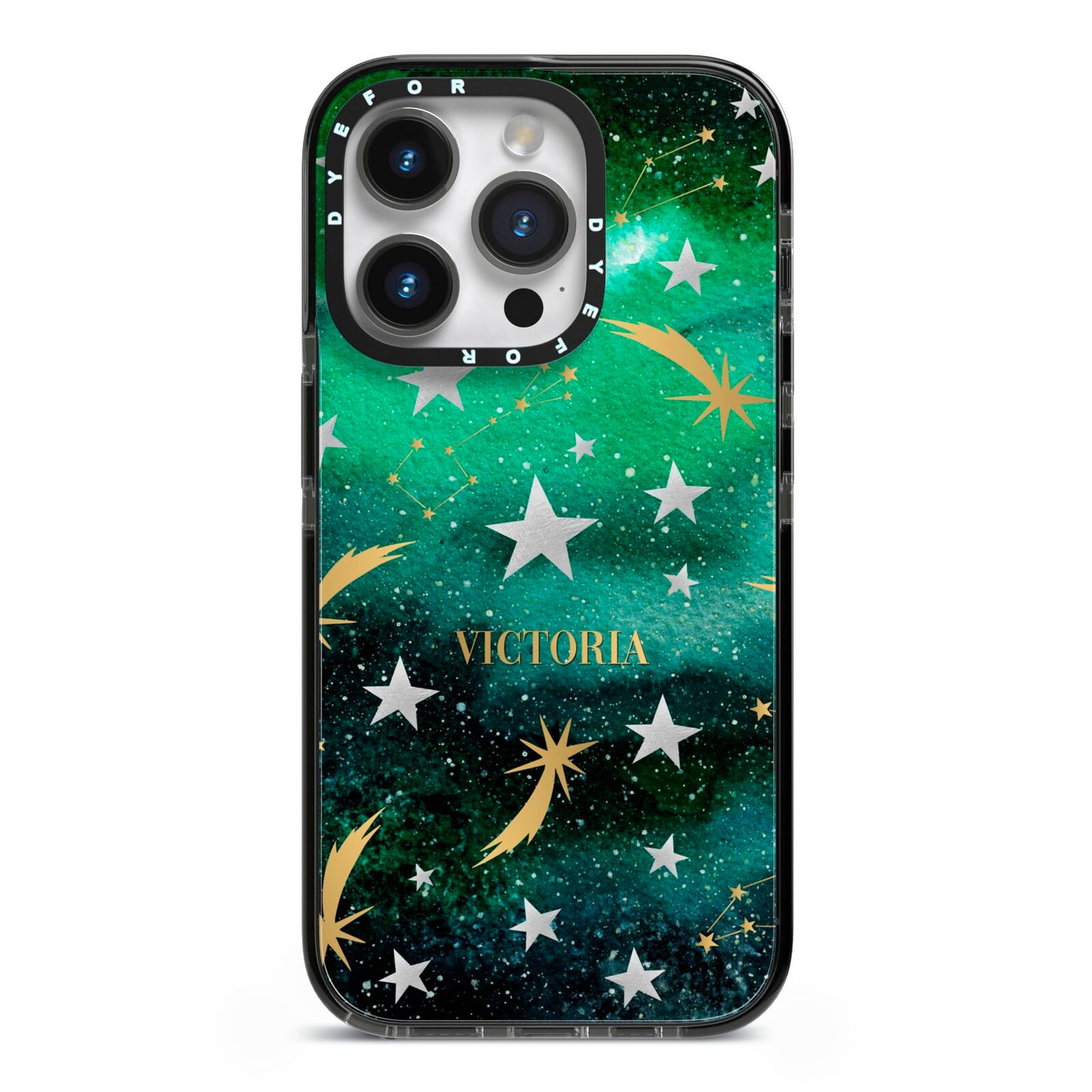 Personalised Green Cloud Stars iPhone 14 Pro Black Impact Case on Silver phone