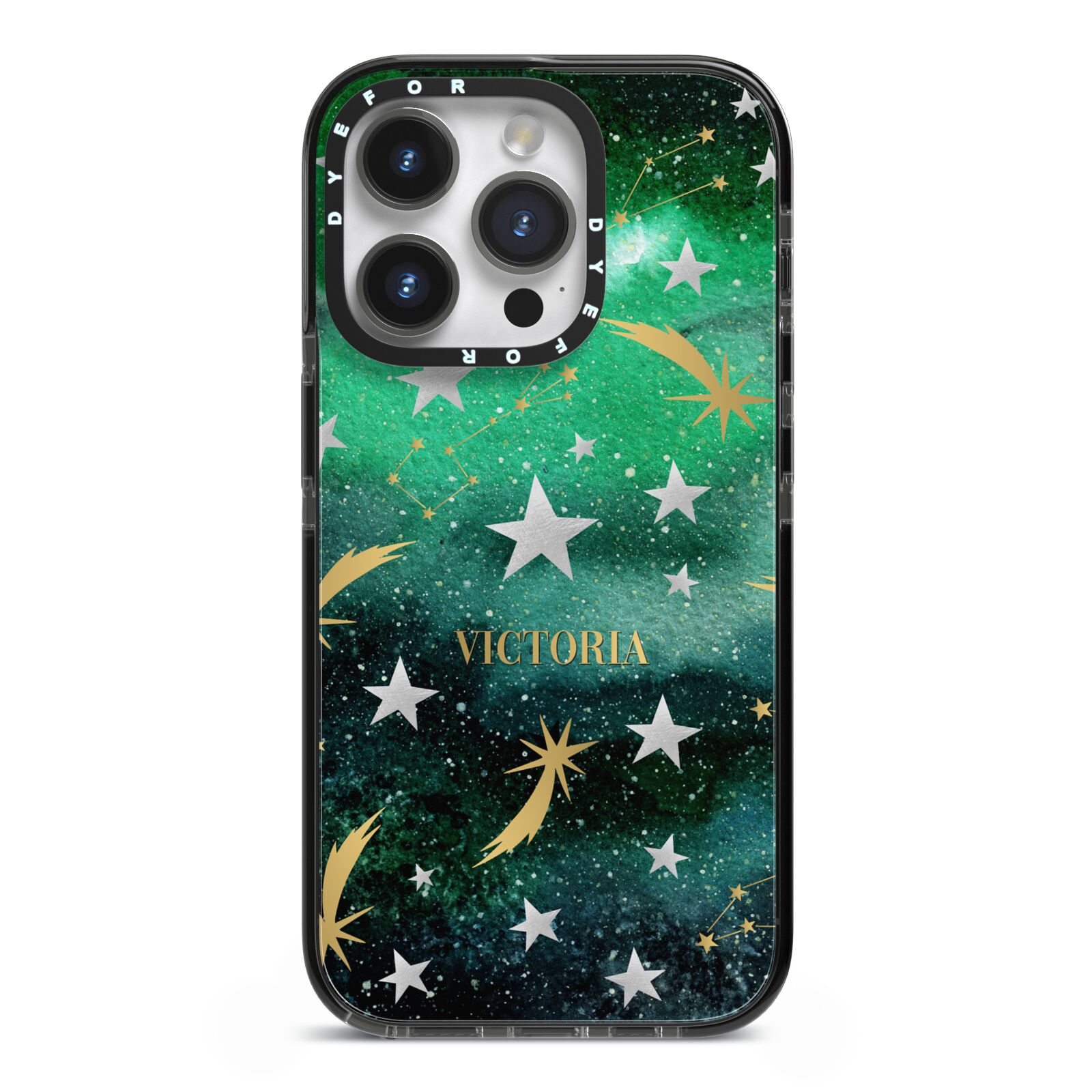Personalised Green Cloud Stars iPhone 14 Pro Black Impact Case on Silver phone