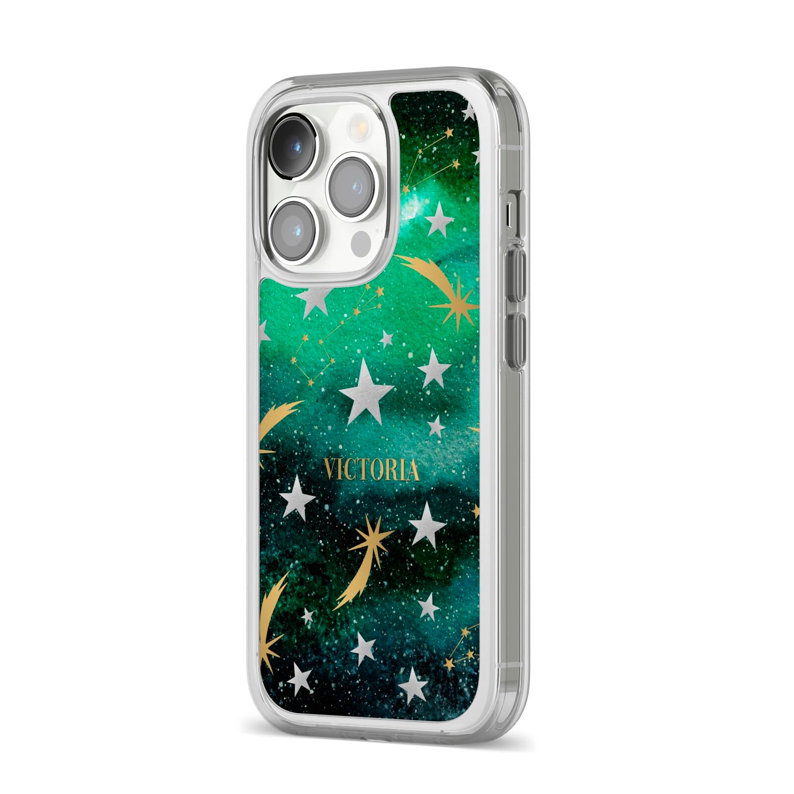 Personalised Green Cloud Stars iPhone 14 Pro Clear Tough Case Silver Angled Image