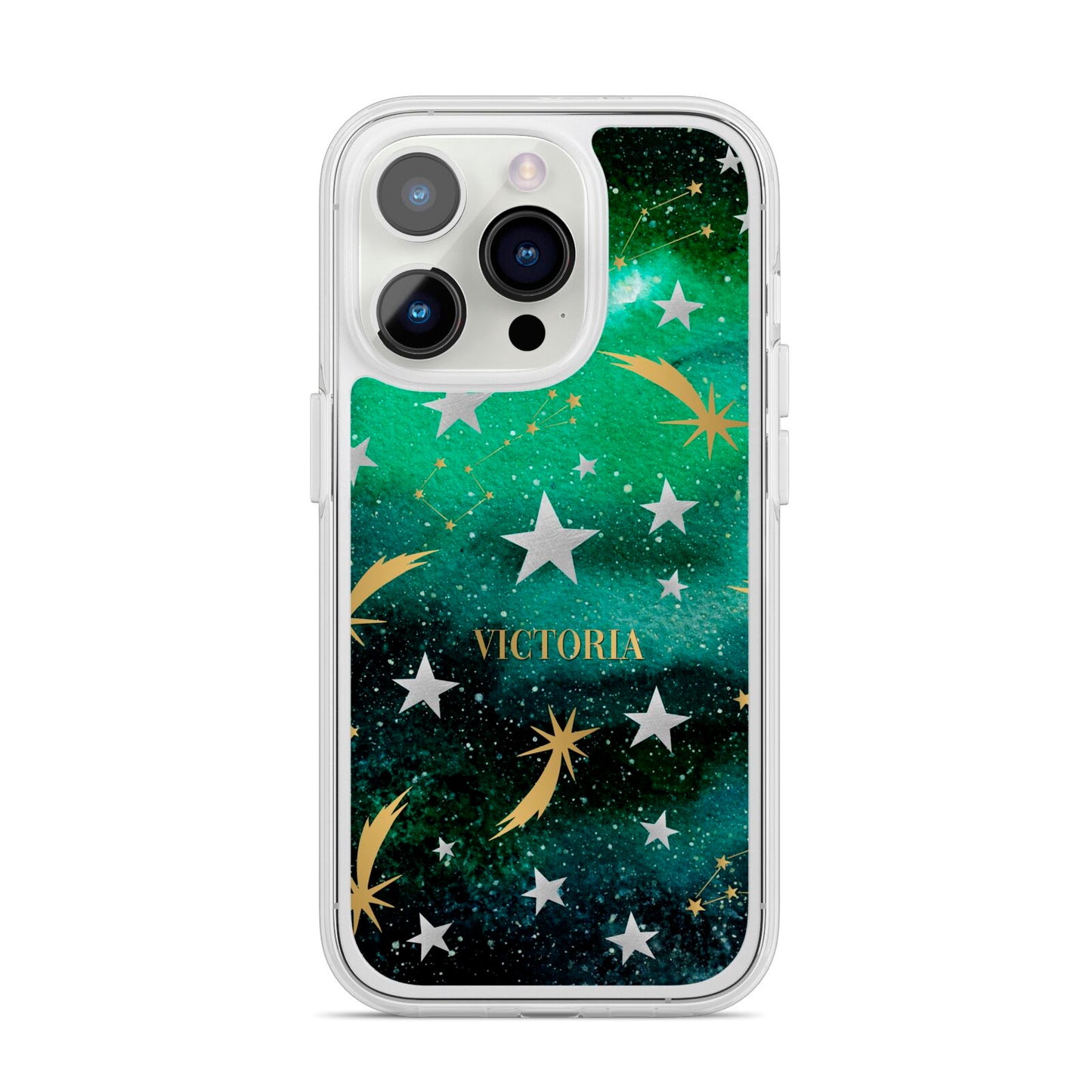 Personalised Green Cloud Stars iPhone 14 Pro Clear Tough Case Silver
