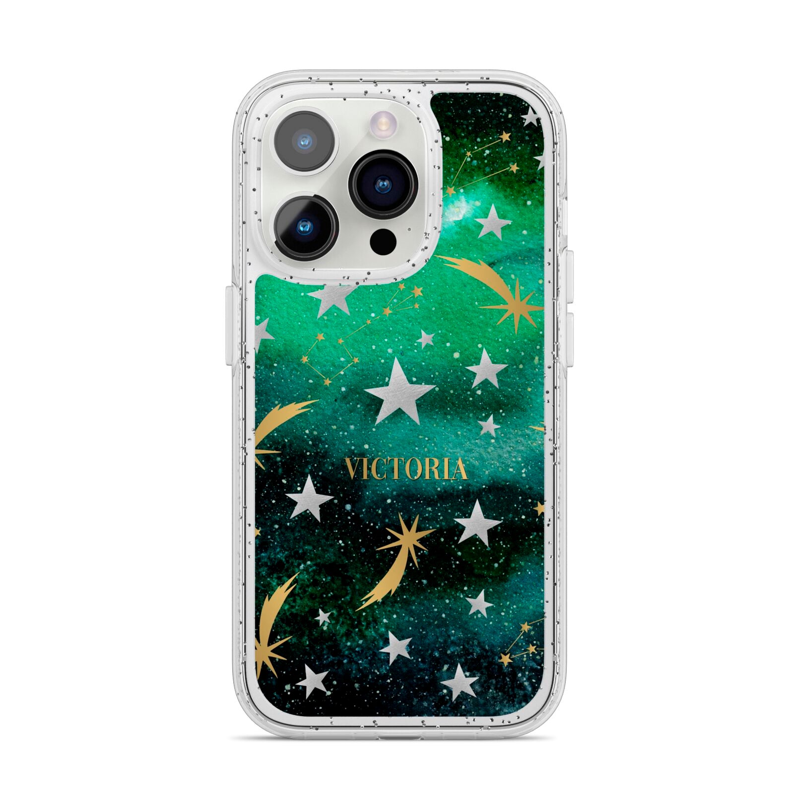 Personalised Green Cloud Stars iPhone 14 Pro Glitter Tough Case Silver