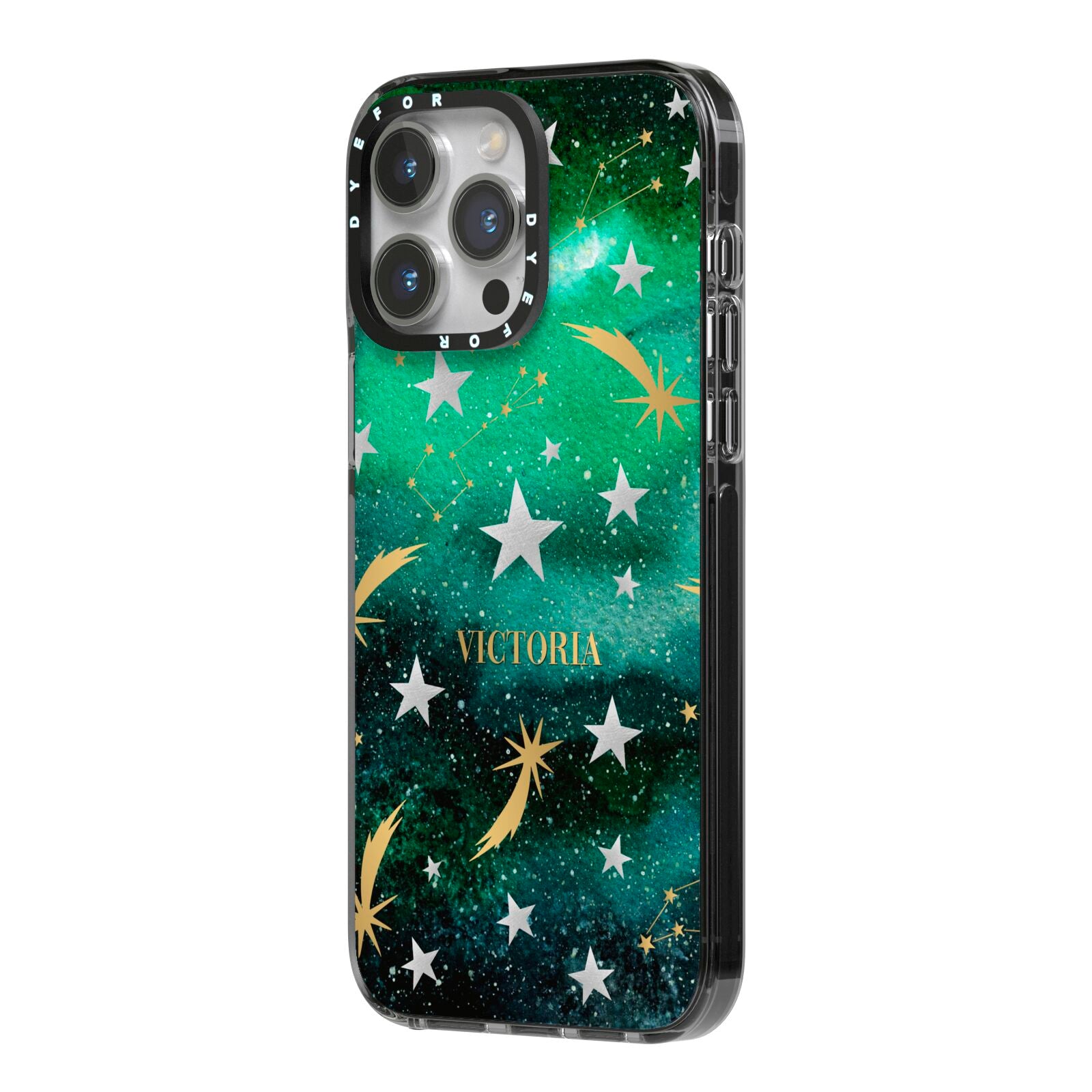 Personalised Green Cloud Stars iPhone 14 Pro Max Black Impact Case Side Angle on Silver phone