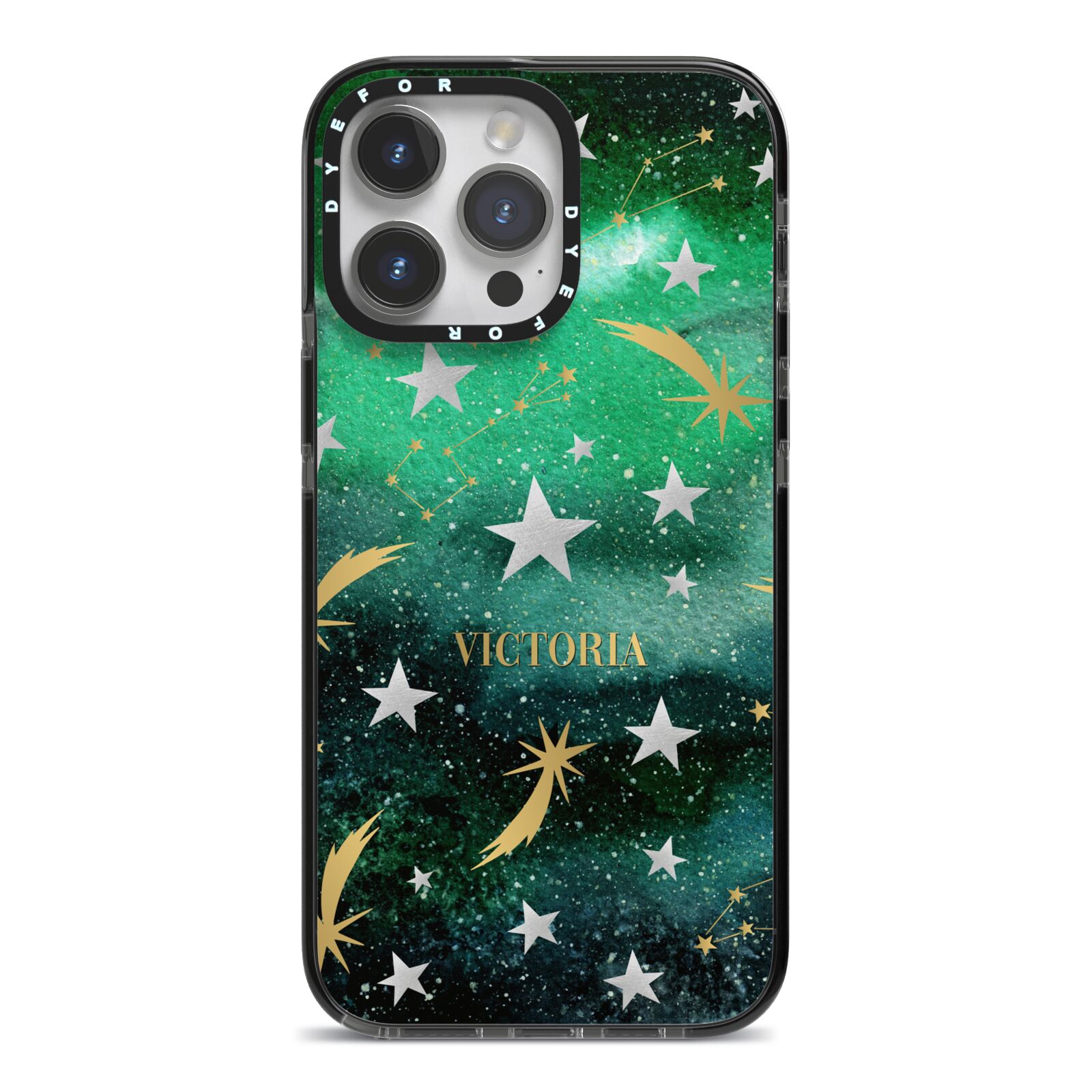 Personalised Green Cloud Stars iPhone 14 Pro Max Black Impact Case on Silver phone