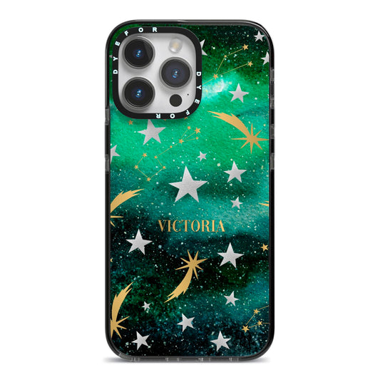Personalised Green Cloud Stars iPhone 14 Pro Max Black Impact Case on Silver phone