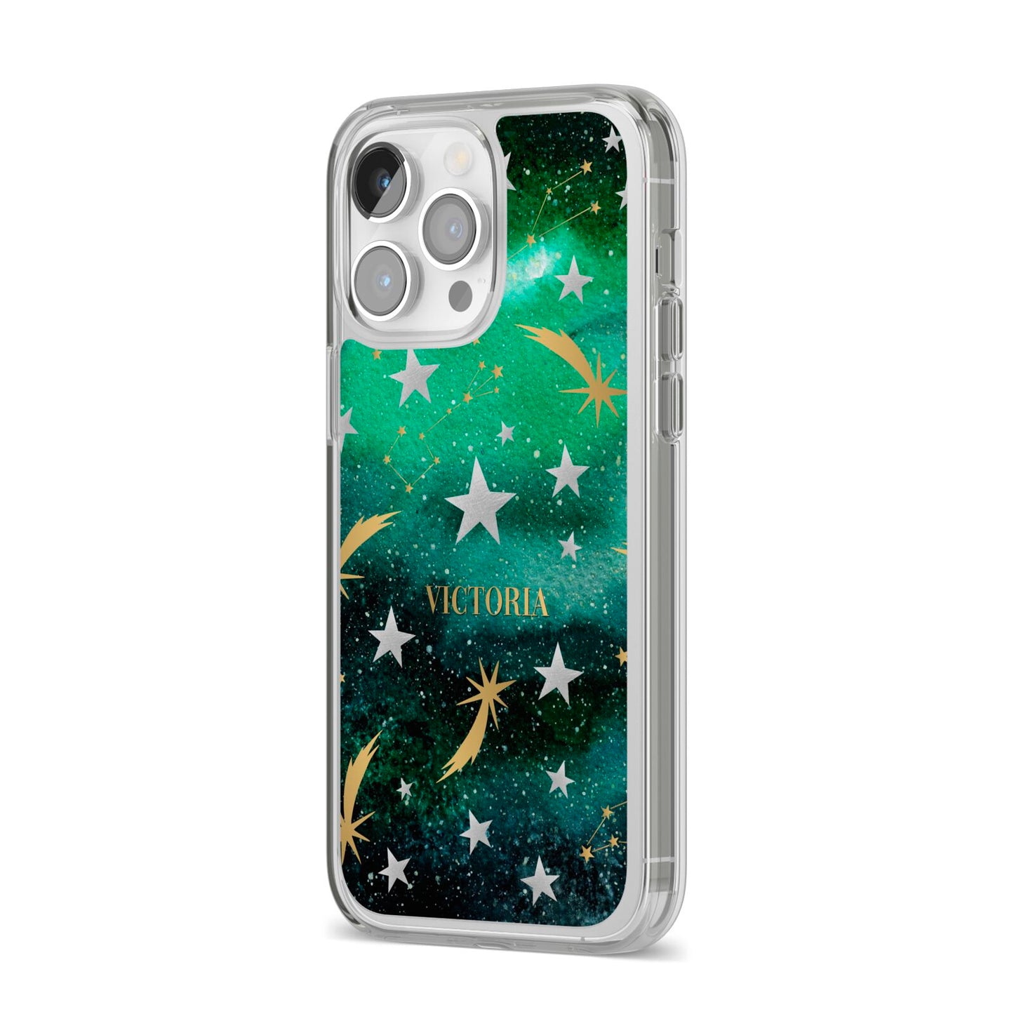 Personalised Green Cloud Stars iPhone 14 Pro Max Clear Tough Case Silver Angled Image