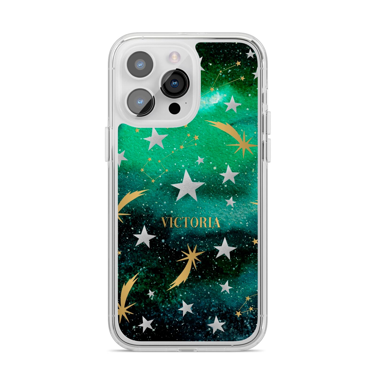 Personalised Green Cloud Stars iPhone 14 Pro Max Clear Tough Case Silver