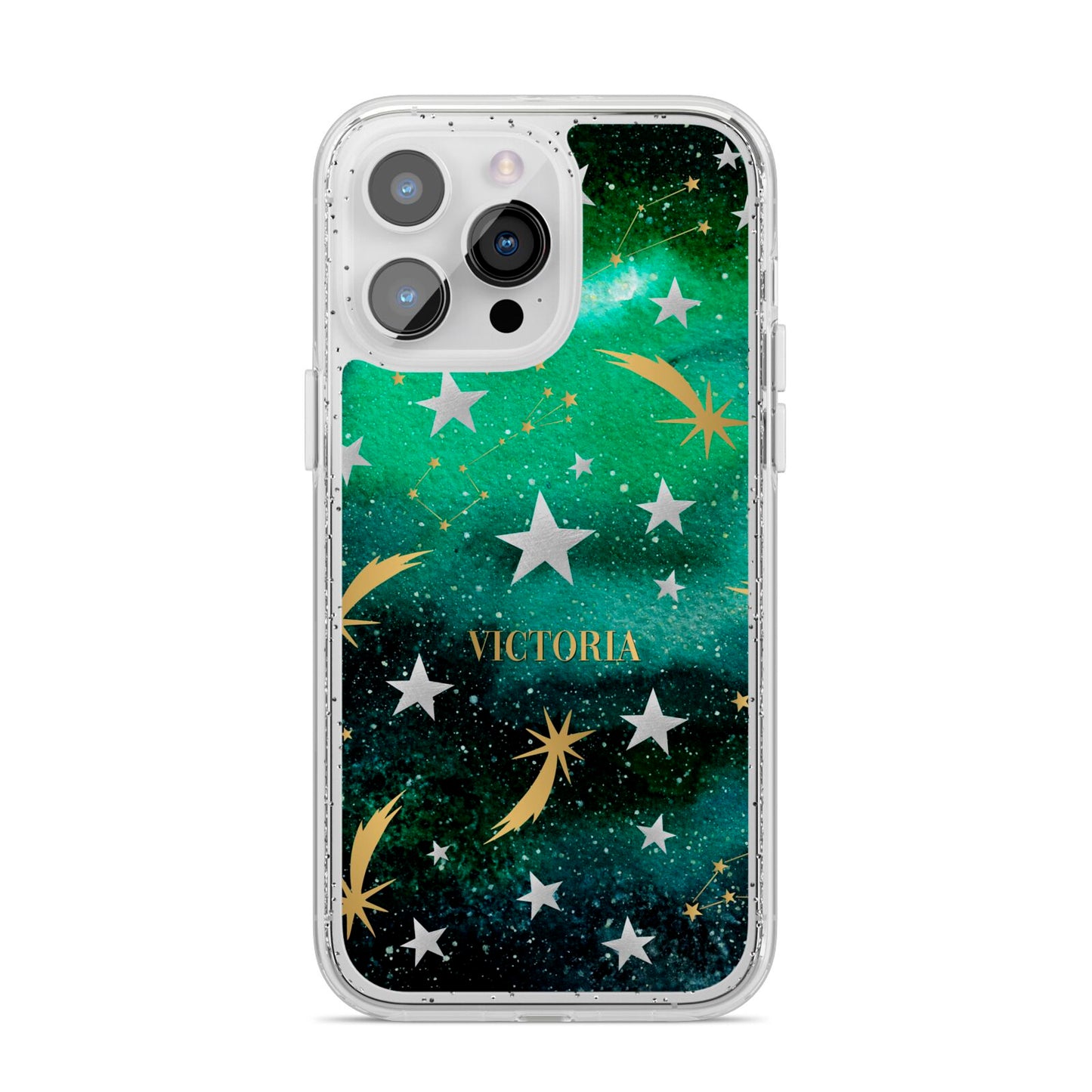 Personalised Green Cloud Stars iPhone 14 Pro Max Glitter Tough Case Silver