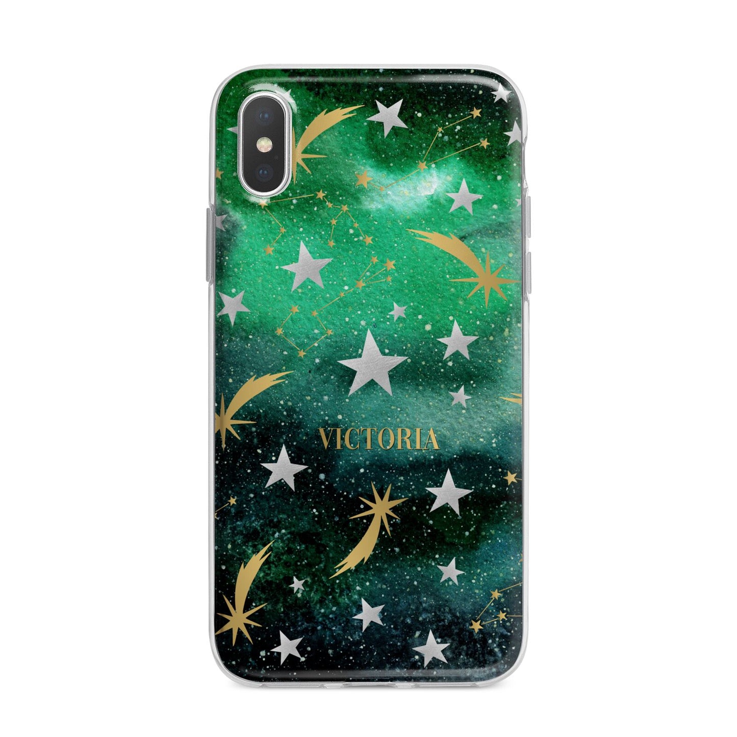 Personalised Green Cloud Stars iPhone X Bumper Case on Silver iPhone Alternative Image 1