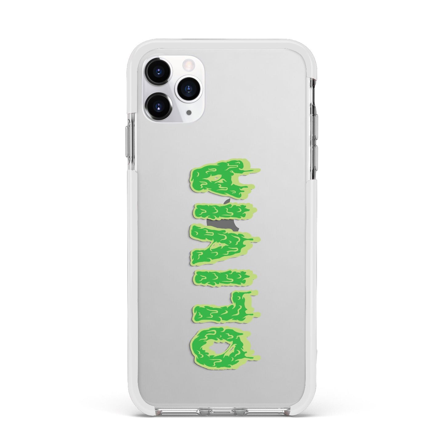 Personalised Green Halloween Slime Text Apple iPhone 11 Pro Max in Silver with White Impact Case