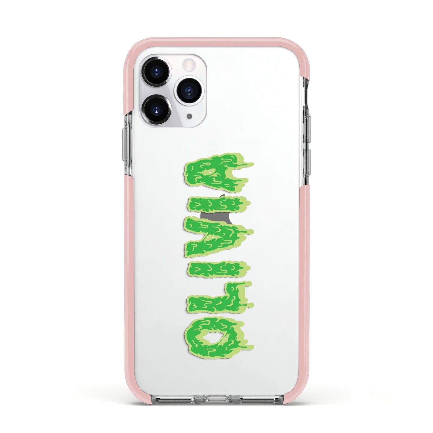 Personalised Green Halloween Slime Text Apple iPhone 11 Pro in Silver with Pink Impact Case
