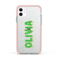 Personalised Green Halloween Slime Text Apple iPhone 11 in White with Pink Impact Case