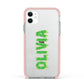 Personalised Green Halloween Slime Text Apple iPhone 11 in White with Pink Impact Case