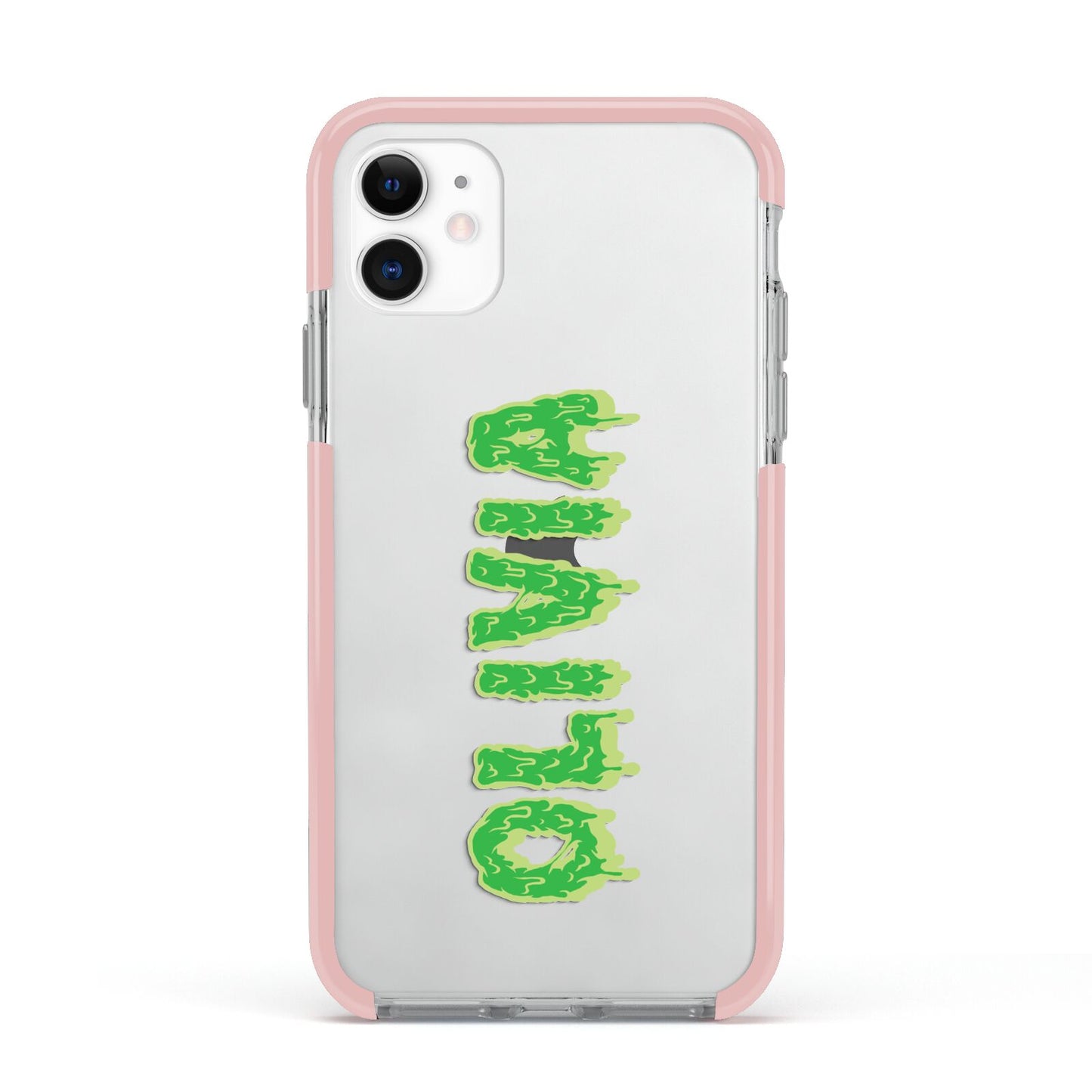 Personalised Green Halloween Slime Text Apple iPhone 11 in White with Pink Impact Case