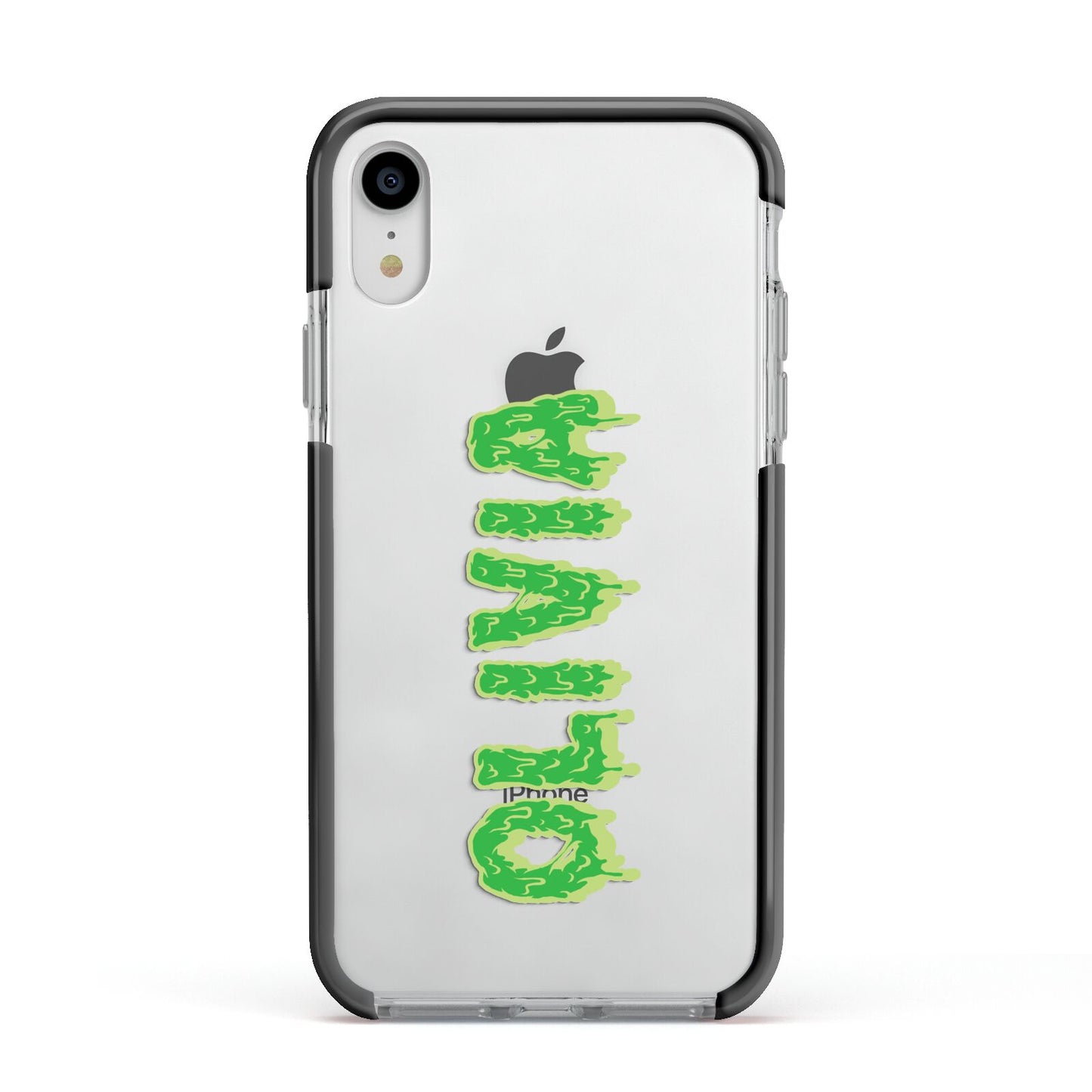 Personalised Green Halloween Slime Text Apple iPhone XR Impact Case Black Edge on Silver Phone