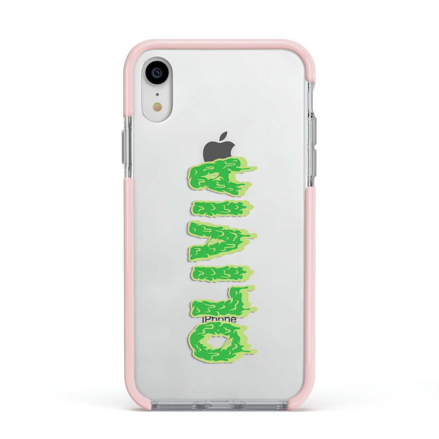 Personalised Green Halloween Slime Text Apple iPhone XR Impact Case Pink Edge on Silver Phone