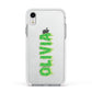 Personalised Green Halloween Slime Text Apple iPhone XR Impact Case White Edge on Silver Phone