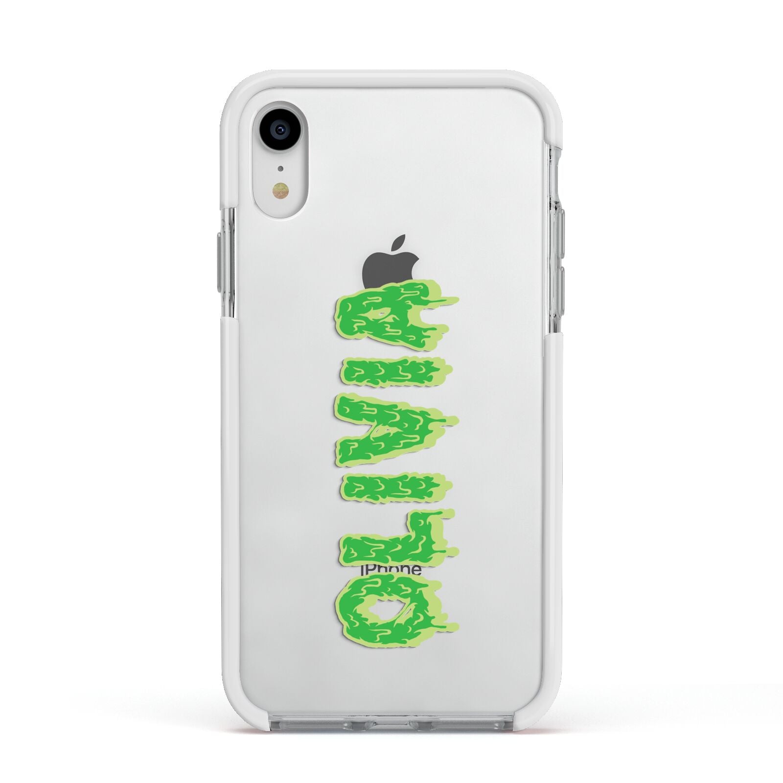 Personalised Green Halloween Slime Text Apple iPhone XR Impact Case White Edge on Silver Phone