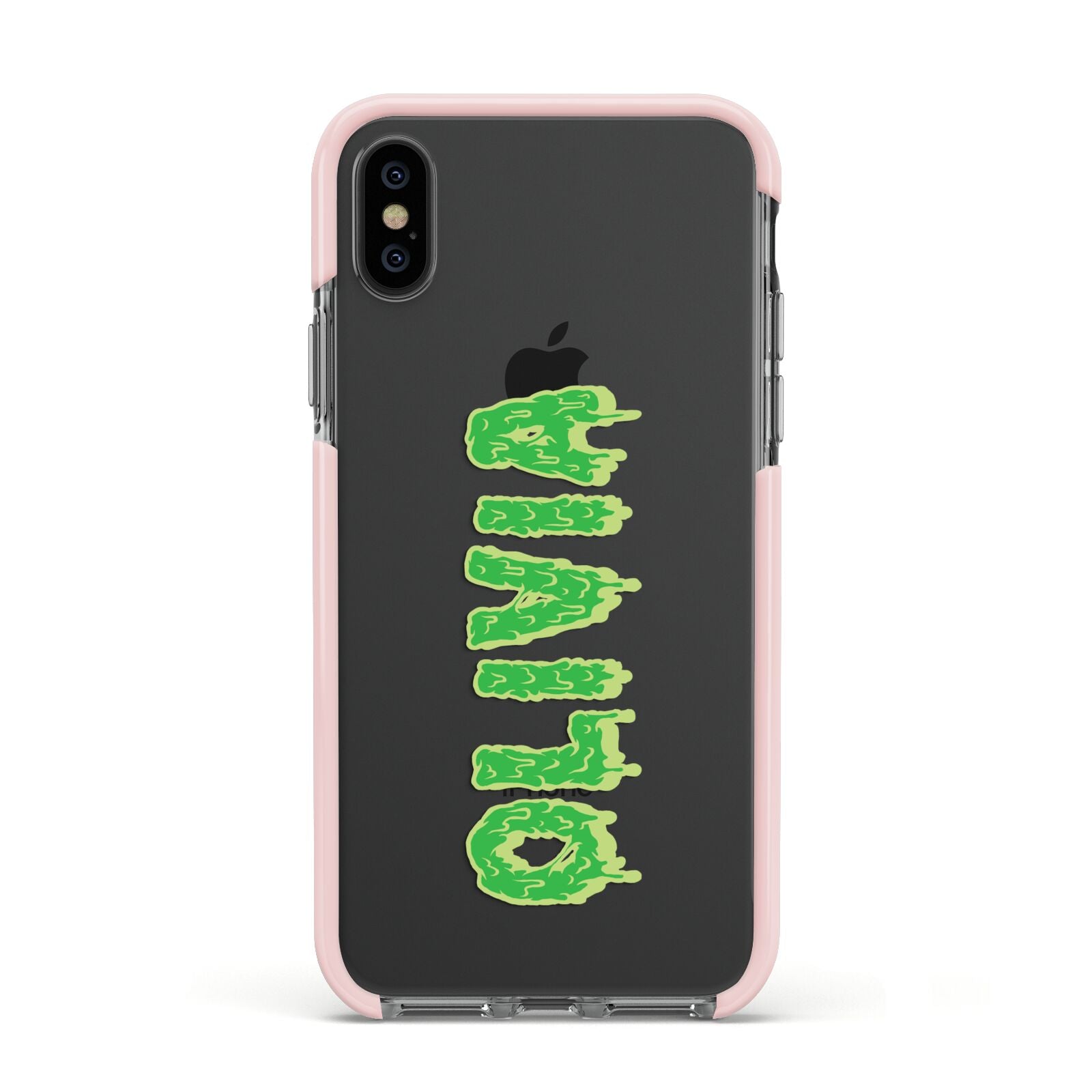 Personalised Green Halloween Slime Text Apple iPhone Xs Impact Case Pink Edge on Black Phone