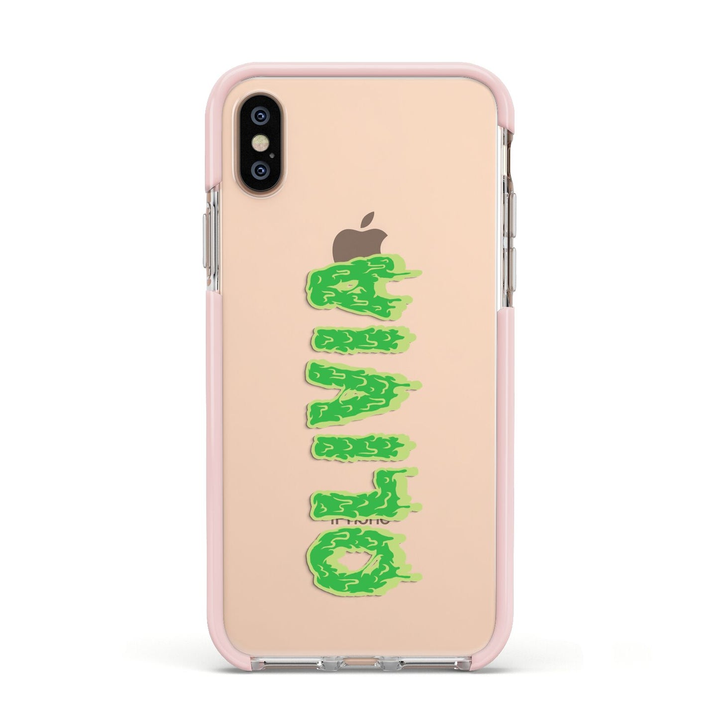 Personalised Green Halloween Slime Text Apple iPhone Xs Impact Case Pink Edge on Gold Phone