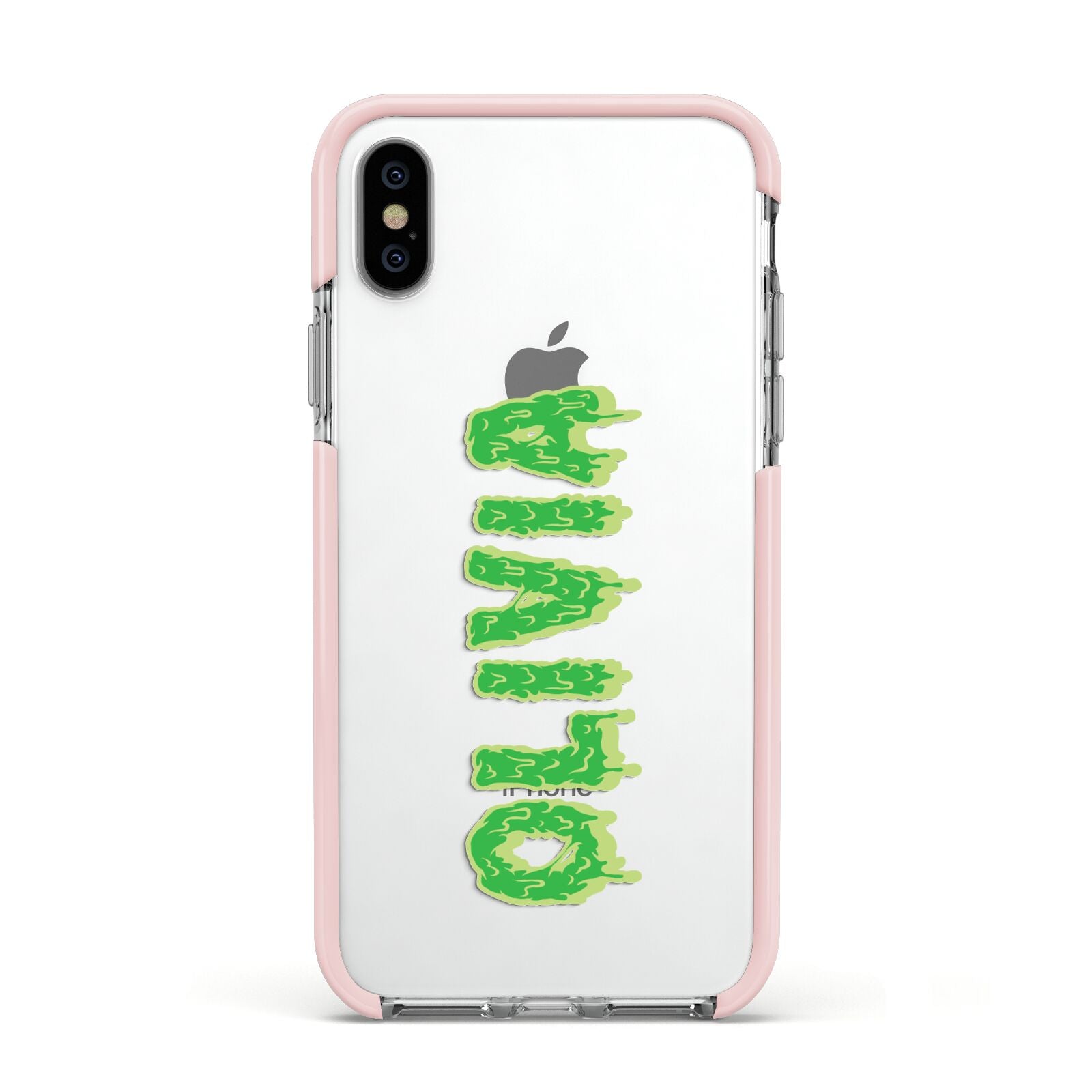 Personalised Green Halloween Slime Text Apple iPhone Xs Impact Case Pink Edge on Silver Phone