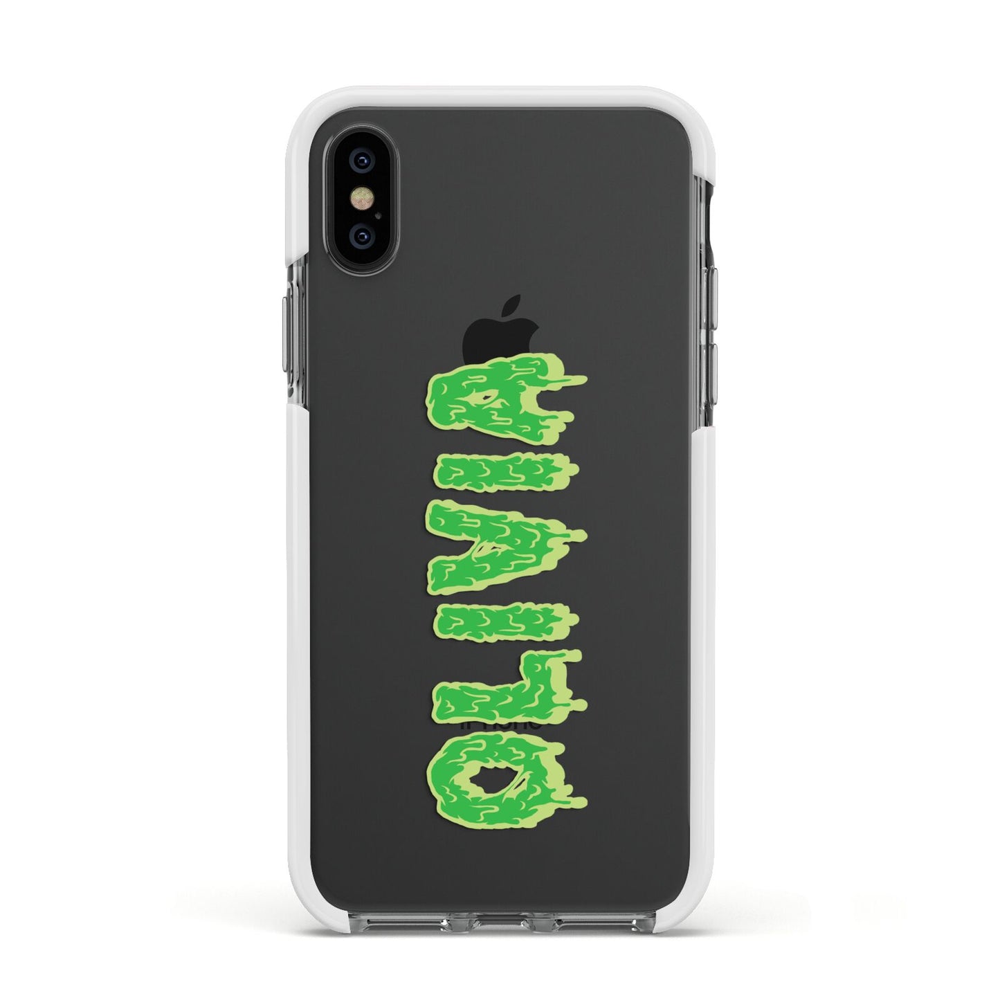 Personalised Green Halloween Slime Text Apple iPhone Xs Impact Case White Edge on Black Phone