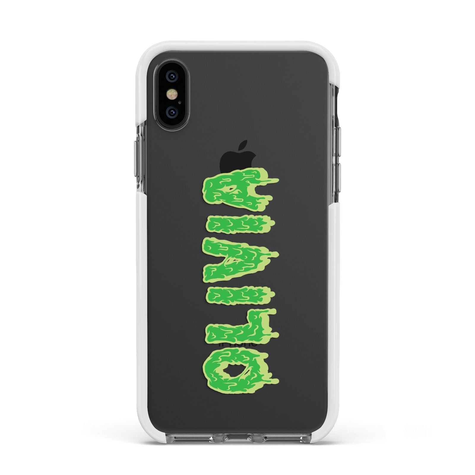 Personalised Green Halloween Slime Text Apple iPhone Xs Impact Case White Edge on Black Phone