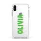 Personalised Green Halloween Slime Text Apple iPhone Xs Impact Case White Edge on Silver Phone