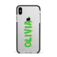 Personalised Green Halloween Slime Text Apple iPhone Xs Max Impact Case Black Edge on Silver Phone