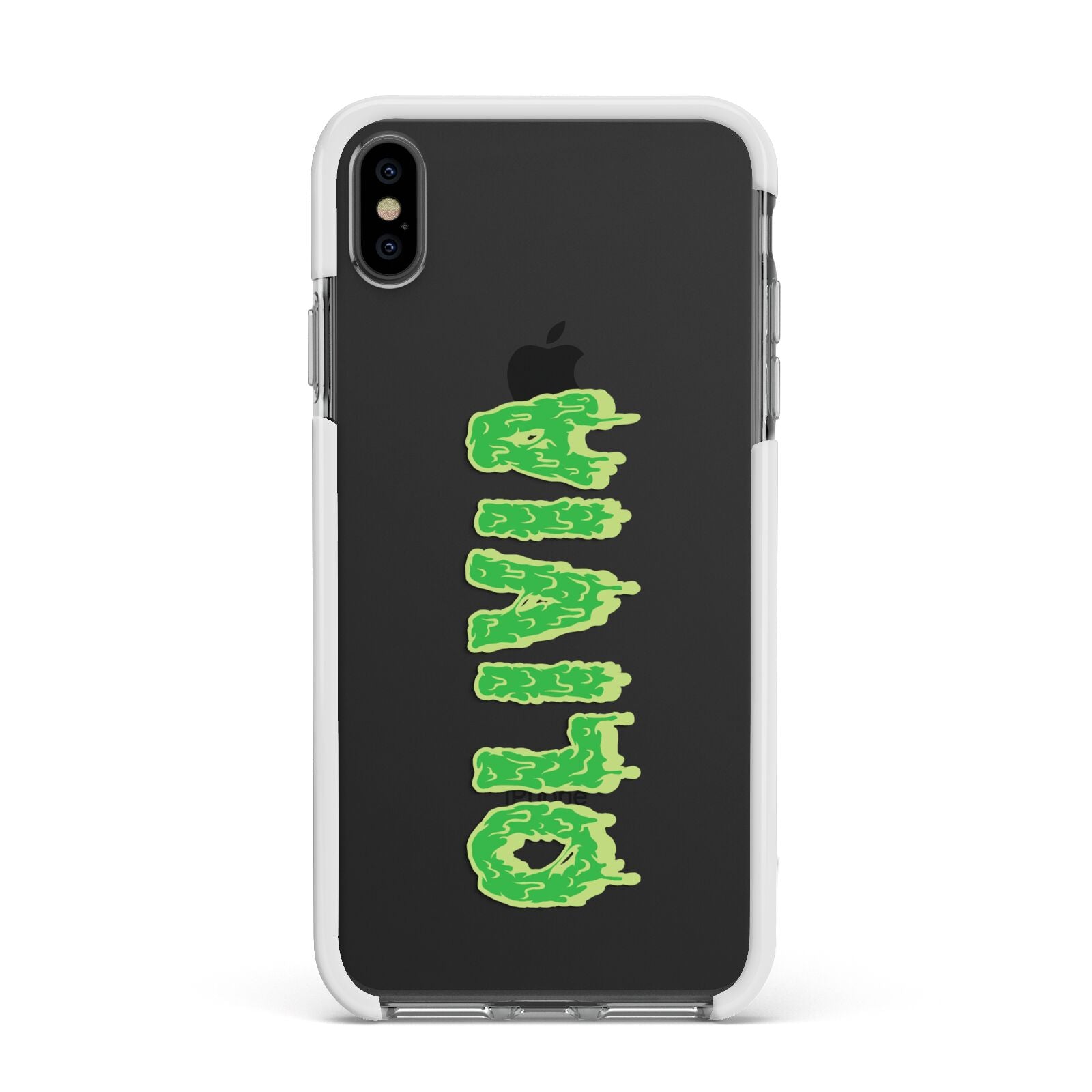 Personalised Green Halloween Slime Text Apple iPhone Xs Max Impact Case White Edge on Black Phone