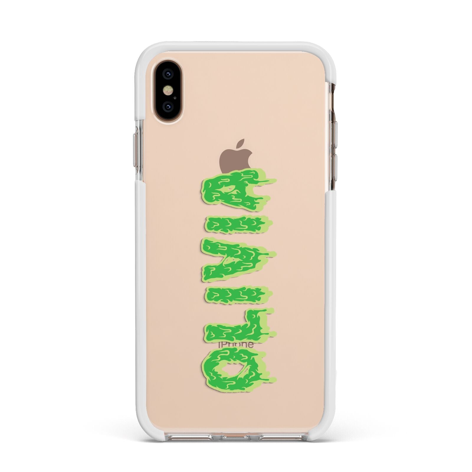 Personalised Green Halloween Slime Text Apple iPhone Xs Max Impact Case White Edge on Gold Phone