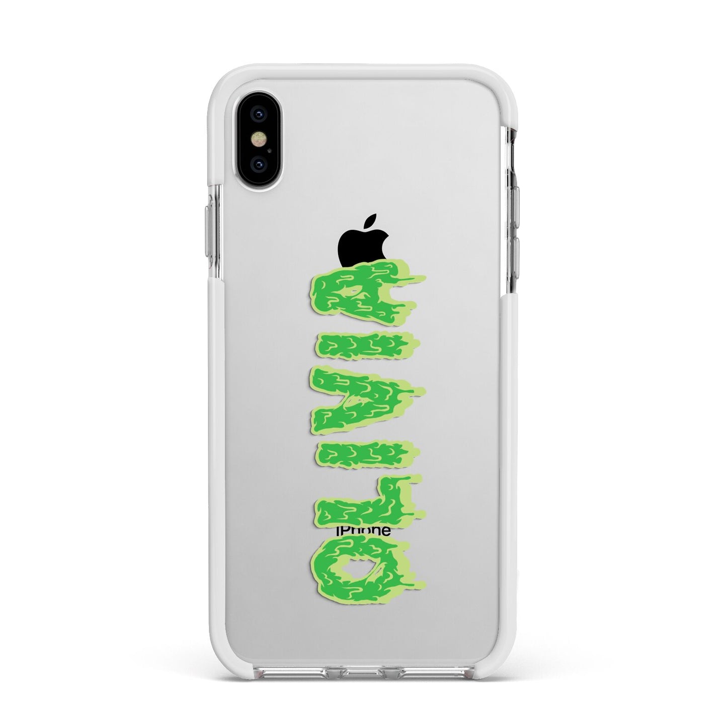 Personalised Green Halloween Slime Text Apple iPhone Xs Max Impact Case White Edge on Silver Phone