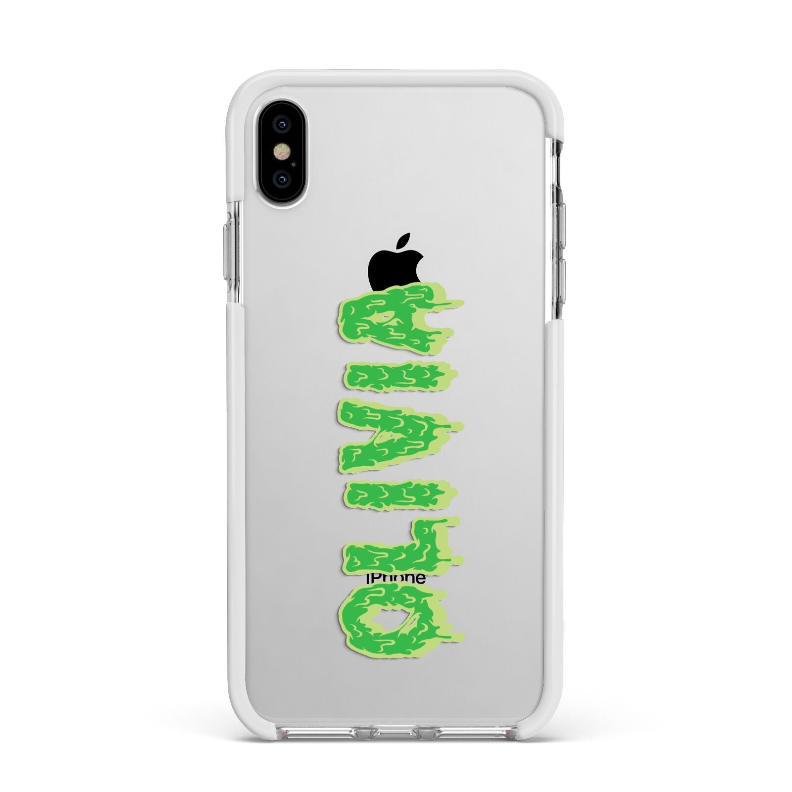 Personalised Green Halloween Slime Text Apple iPhone Xs Max Impact Case White Edge on Silver Phone