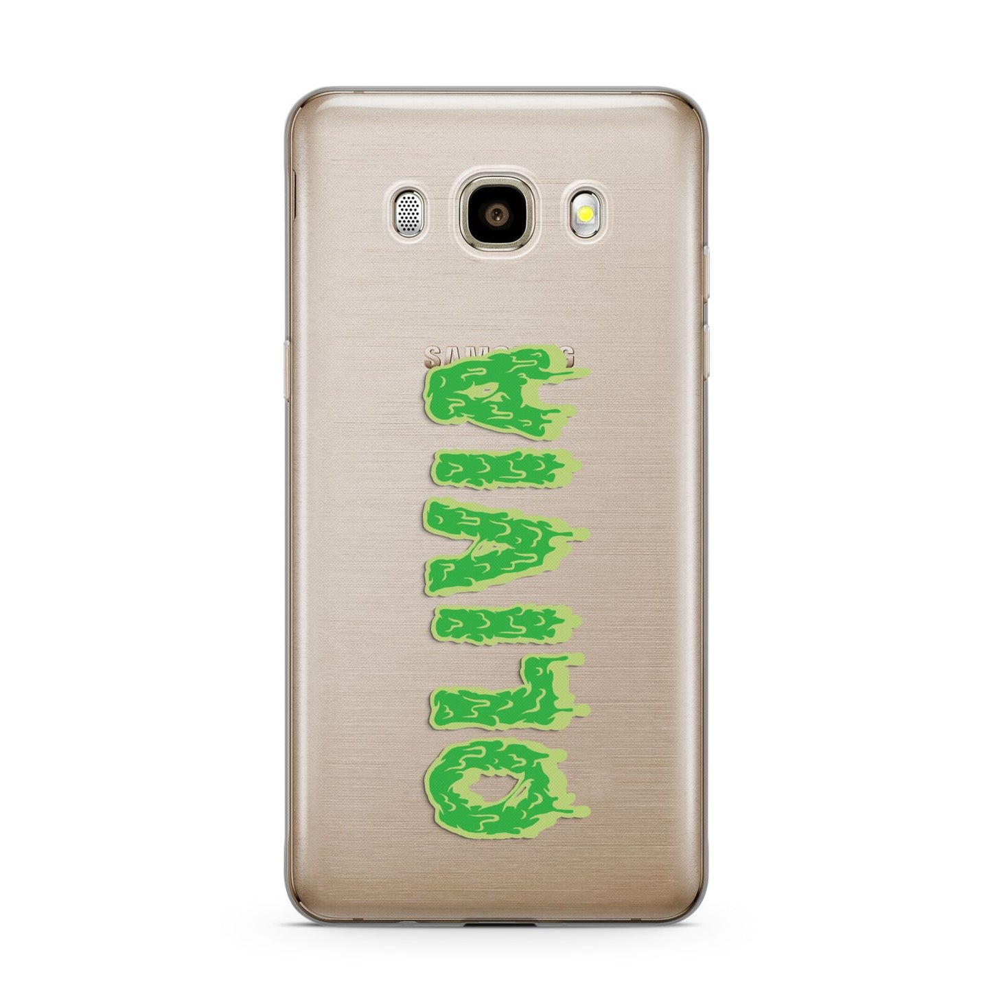 Personalised Green Halloween Slime Text Samsung Galaxy J7 2016 Case on gold phone