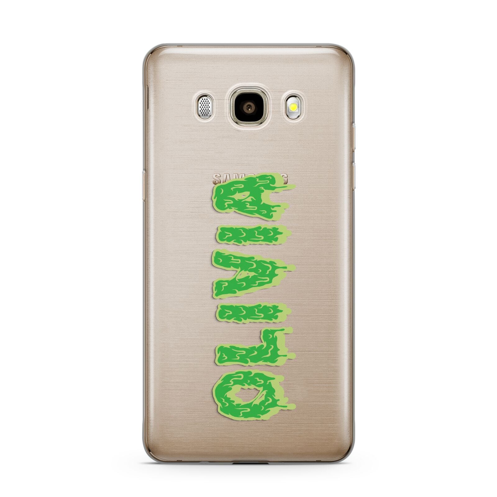 Personalised Green Halloween Slime Text Samsung Galaxy J7 2016 Case on gold phone