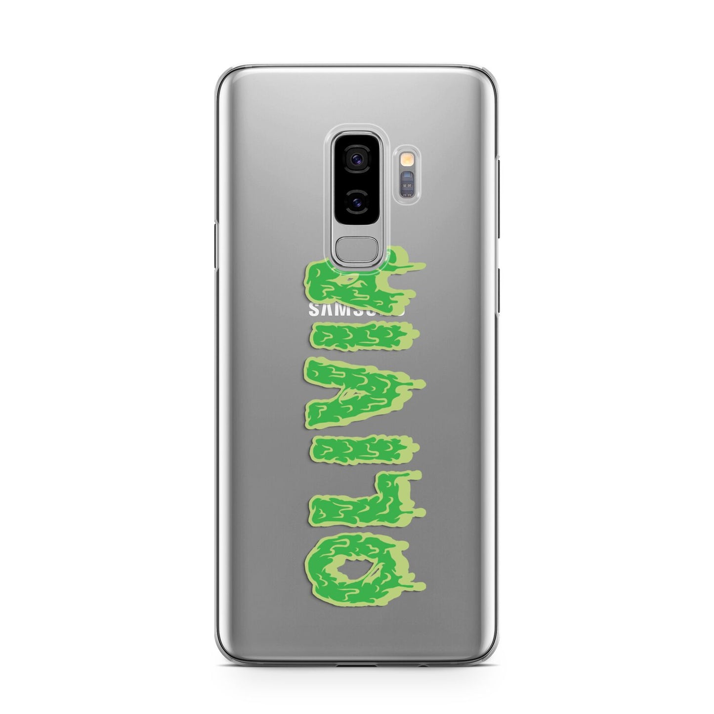 Personalised Green Halloween Slime Text Samsung Galaxy S9 Plus Case on Silver phone