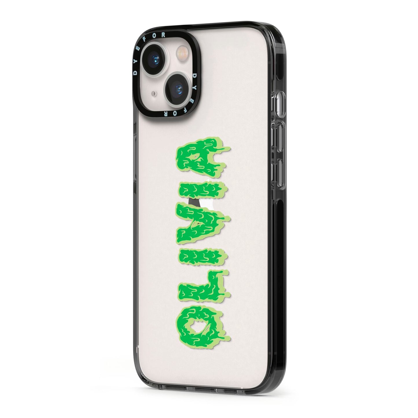Personalised Green Halloween Slime Text iPhone 13 Black Impact Case Side Angle on Silver phone