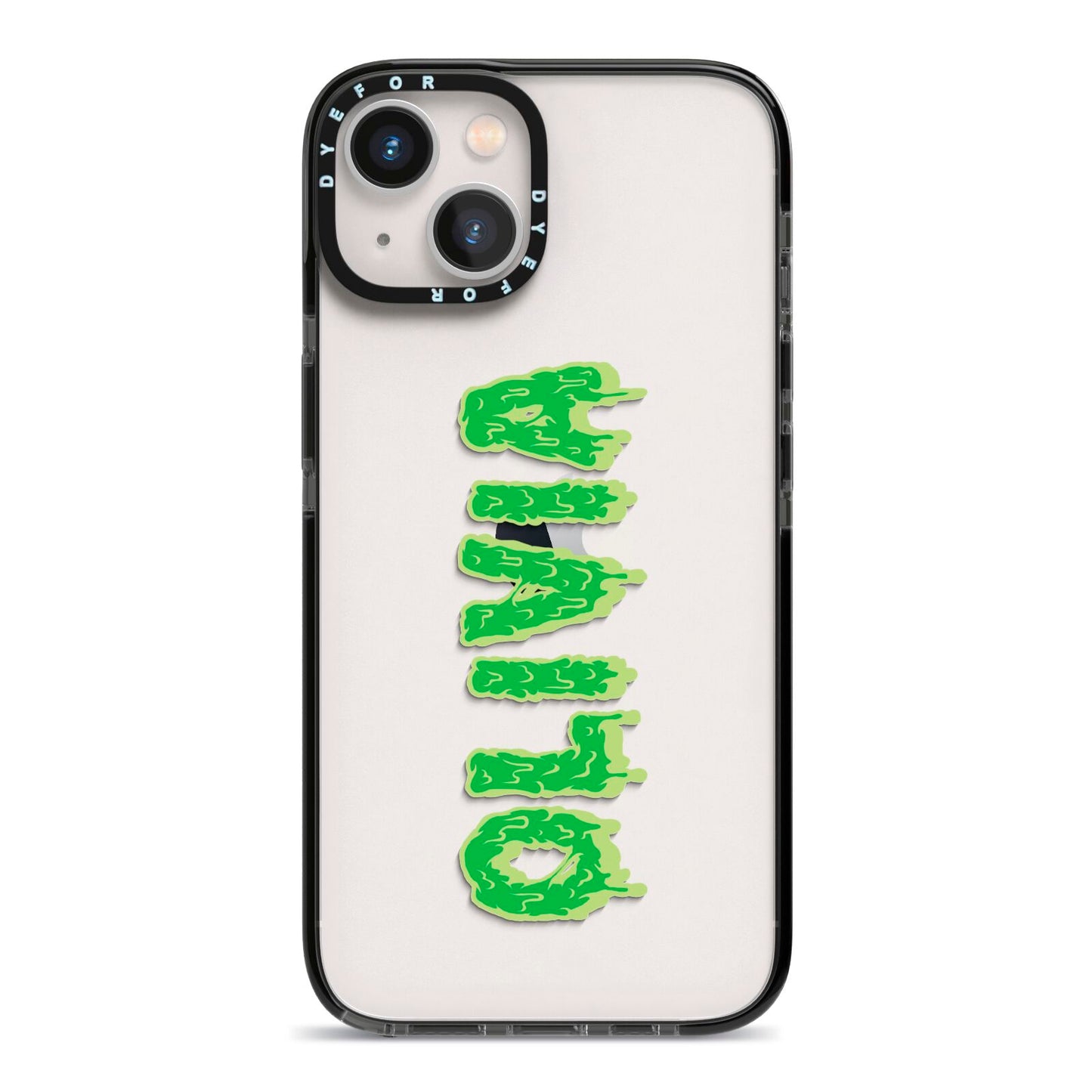 Personalised Green Halloween Slime Text iPhone 13 Black Impact Case on Silver phone