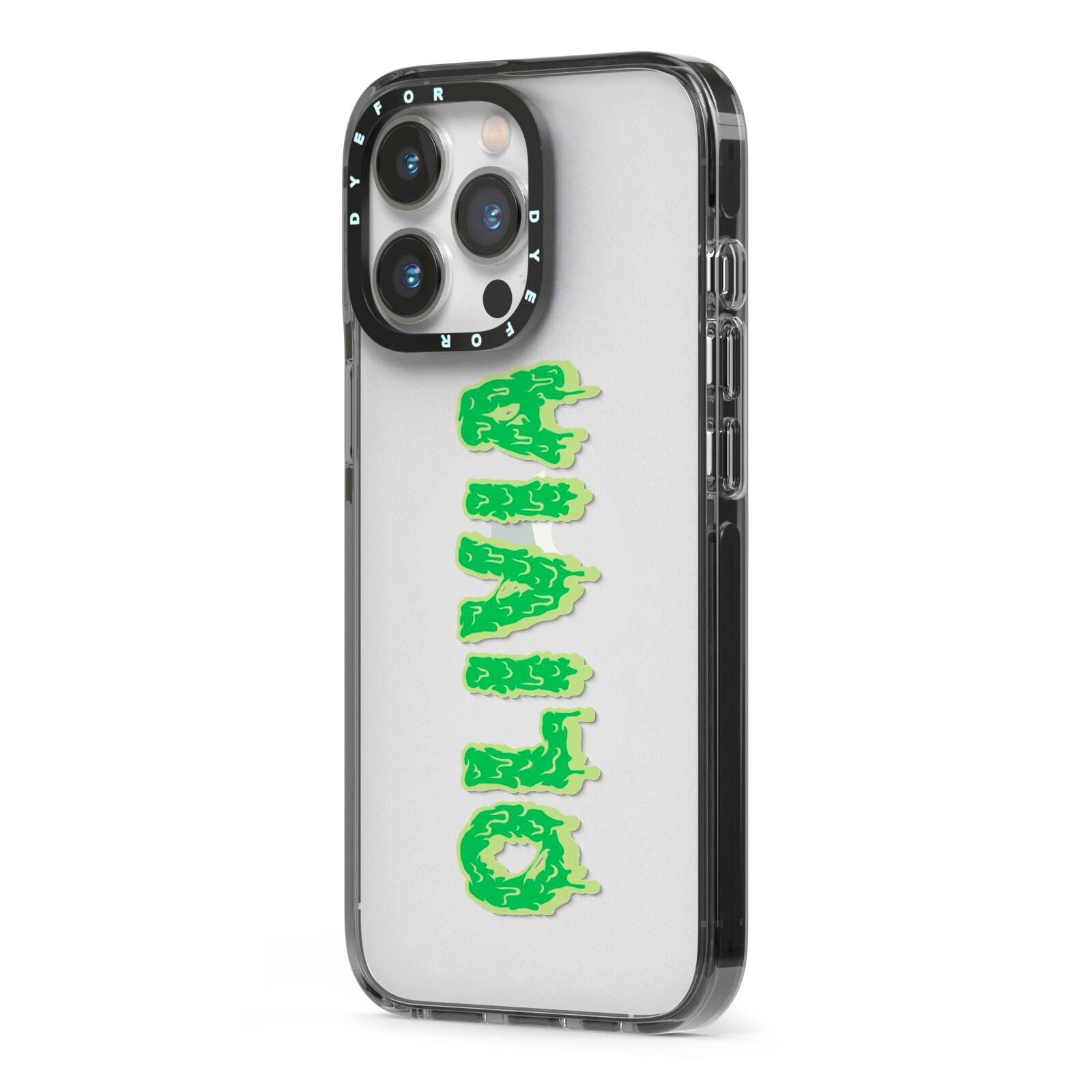 Personalised Green Halloween Slime Text iPhone 13 Pro Black Impact Case Side Angle on Silver phone
