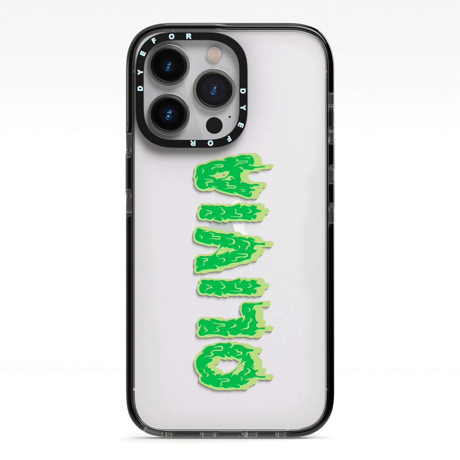 Personalised Green Halloween Slime Text iPhone 13 Pro Black Impact Case on Silver phone