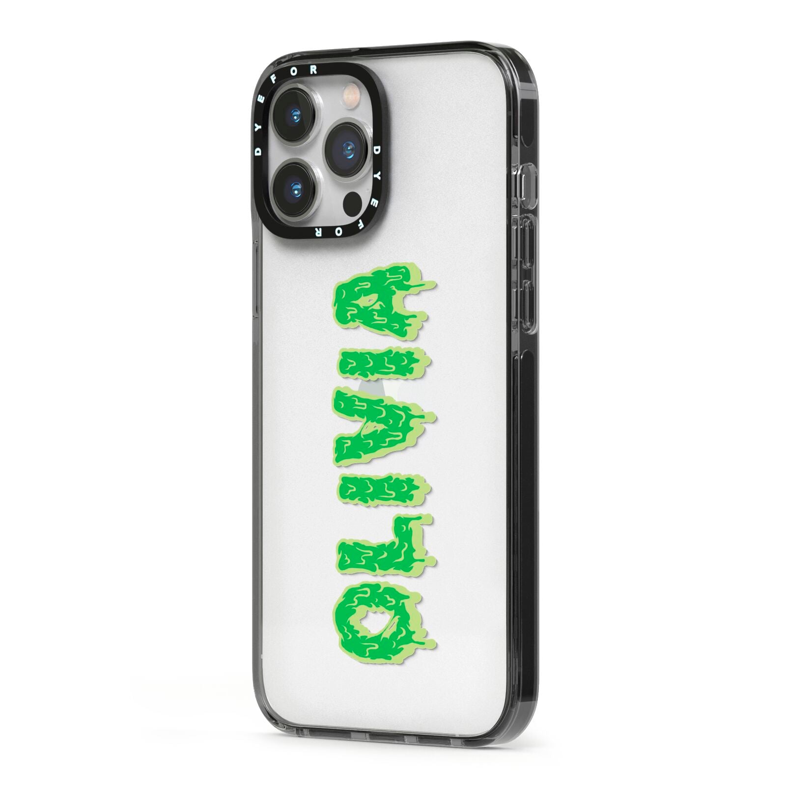 Personalised Green Halloween Slime Text iPhone 13 Pro Max Black Impact Case Side Angle on Silver phone